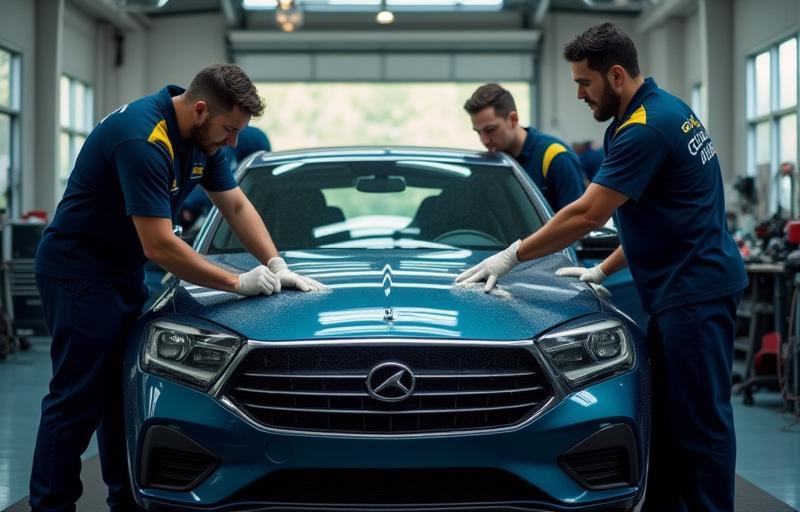 Equipe d’Éclat Autos Detailing travaillant sur une voiture